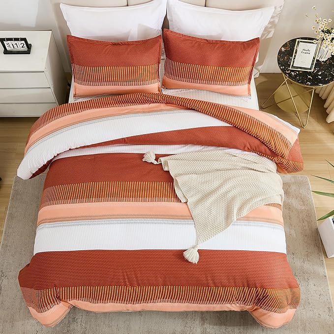 Litanika Burnt Orange California King Comforter Set - 3 Pieces Boho Terracotta Cal King Oversized Lightweight Summer Rust Colorblock Stripe Bedding Set (104x96In, 2 Pillowcases)