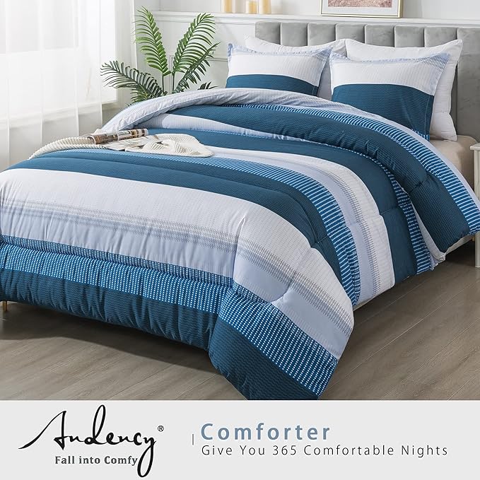 Andency Stripe Comforter Set Twin Size (66x90 Inch), 2 Pieces Navy Patchwork Striped Comforter, Soft Microfiber Down Alternative Comforter Bedding Set with Corner Loops