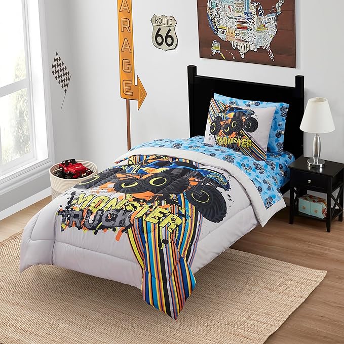 Kids Bedding Set Bed in a Bag for Boys and Girls Toddlers Printed Sheet Set and Comforter, Twin, Monster Truck