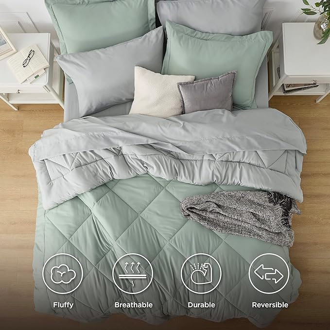Bedsure Sage Green California King Comforter Set - 7 Pieces Reversible Bed Set Bed in a Bag California King with Comforters, Sheets, Pillowcases & Shams, California King Bedding Sets