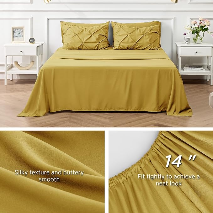 Bedsure Mustard Yellow King Size Comforter Set - Bedding Set King 7 Pieces, Pintuck Bed in a Bag Green Bed Set with Comforter, Sheets, Pillowcases & Shams