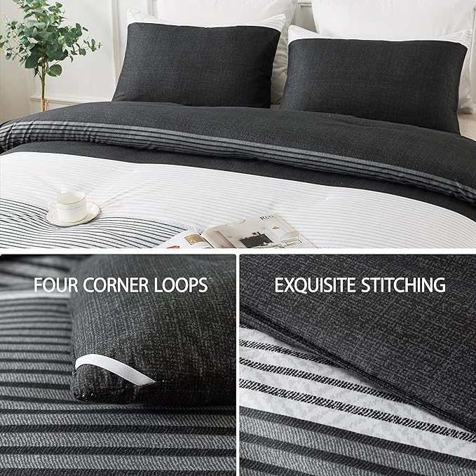 Andency Black Comforter King Size, 3 Pieces Black White Gray Patchwork Striped Comforter (104x90 Inch), Soft Microfiber Down Alternative King Comforter Bedding Sets with Corner Loops
