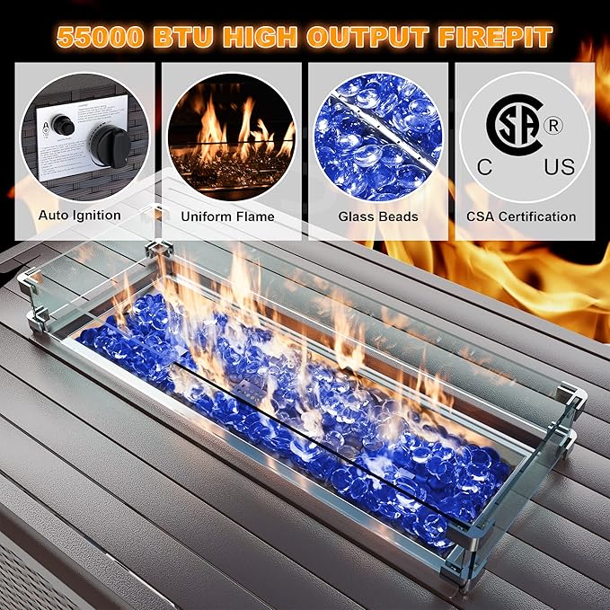 Patio Furniture Sectional Sofa Set 7 Pieces PE Rattan Outdoor Furniture w/43in Gas Fire Pit Table, Patio Conversation Set with 55000 BTU Propane Fire Pit, Blue