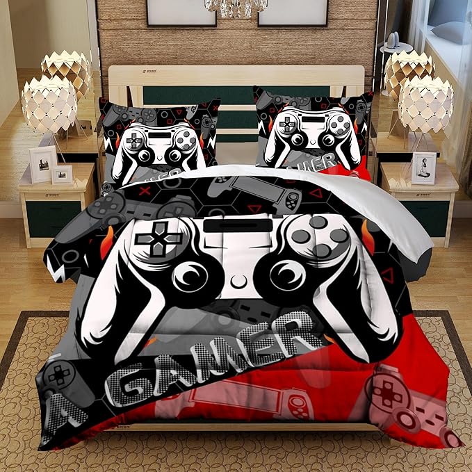 Sunnycitron Red Gamer Comforter Set for Boys Gaming Bedding Set Teens Game Room Decor Queen (1 Comforter + 2 Pillowcase)