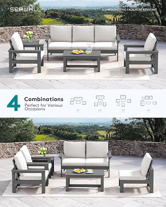 SERWALL HDPE Patio Coversation Set, 7-piece Outdoor Sectional Sofa Set, All Weather Patio Couch Set Patio Furniture for Balcony, Deck, Grey Frame with Khaki Cushion