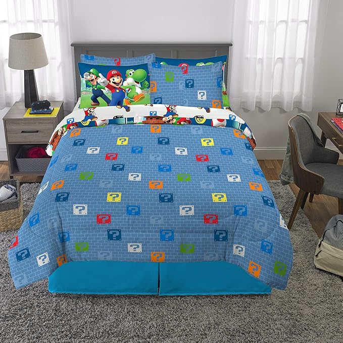Franco Kids Bedding Super Soft Comforter and Sheet Set with Sham, 7 Piece Full Size, Mario