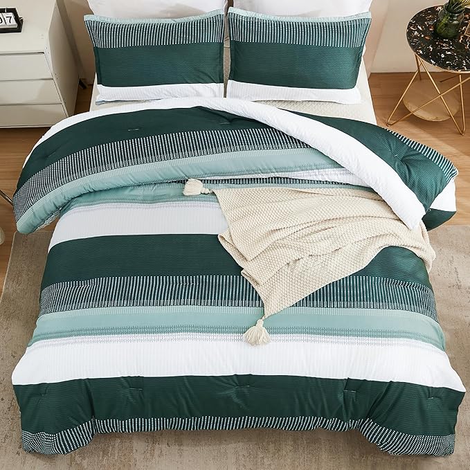 Litanika Dark Emerald Green Bed Comforter Queen Set, 3 Pieces Forest Bedding Set, Double Colorblock Stripe Vintage Bed Set (90x90Comforter, 2 Pillowcases)