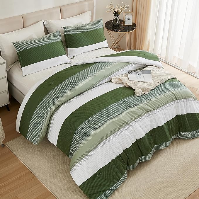 Litanika Olive Green Comforter Set Full - 3 Pieces Lightweight Olive Green White Colorblock Stripe Fluffy Bedding Comforter Sets, All Season Bed Set