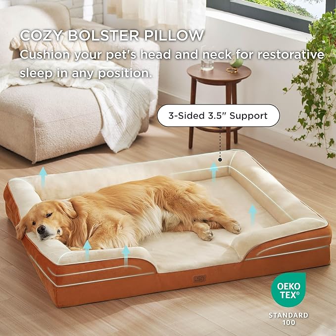 Bedsure XXL Orthopedic Dog Bed - Washable Great Dane Dog Sofa Beds for Giant Dogs, Supportive Foam Pet Couch Bed with Removable Washable Cover, Waterproof Lining and Nonskid Bottom, Caramel
