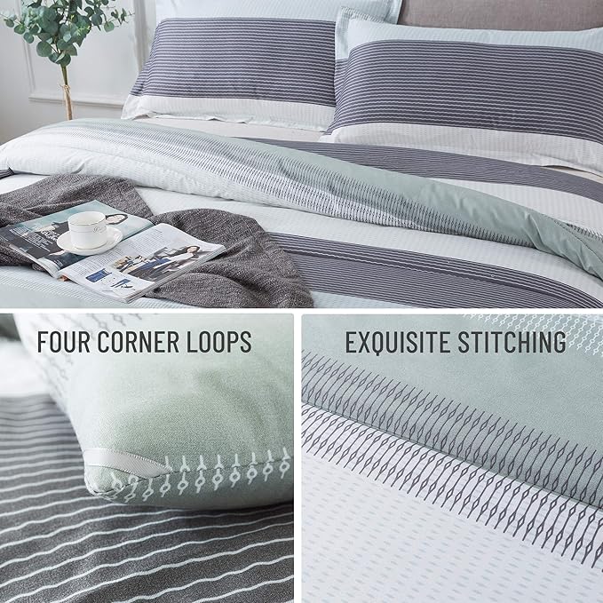 Andency Stripe Comforter Set Twin Size (66x90 Inch), 2 Pieces Mint Green Patchwork Striped Comforter, Soft Microfiber Down Alternative Comforter Bedding Set with Corner Loops (Mint, White, Grey)
