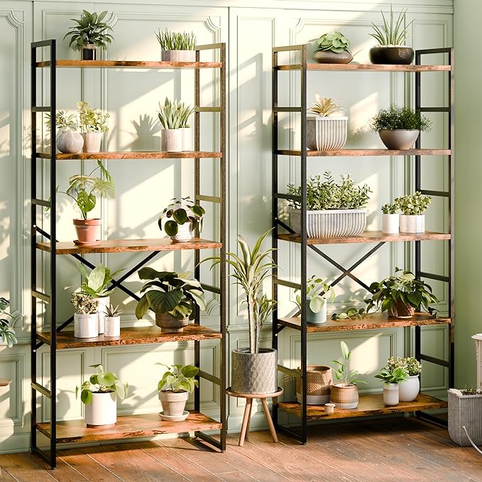 Shintenchi Bookshelf, 5 Tier Bookshelf, Tall Bookcase Shelf for CDs/Movies/Books, Home Office Bookcase Shelf Storage Organizer, Modern Book Shelf for Bedroom/Living Room/Home Office, Rustic Brown