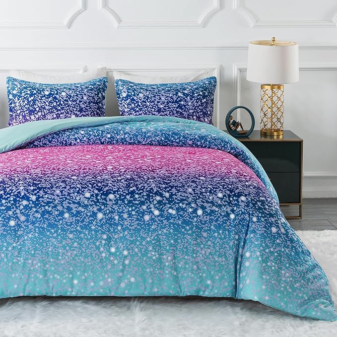 Litanika Galaxy Comforter Twin(66x90lnch), 3 Pieces(1 Blue Glitter Ombre Comforter, 2 Pillowcases), 3D Colorful Rainbow Bedding Set, Microfiber Comforter Set for Kid Boy Girl Teen