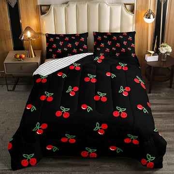 Erosebridal Red Cherry Bedding Set for Kids, Fruit Kawaii Comforter Set Full, Cute Cherry Cartoon Quilted Duvet for Boys Girls Women Bedroom Decor, Reversible Luxury Cherry Quilted Comforter, Black