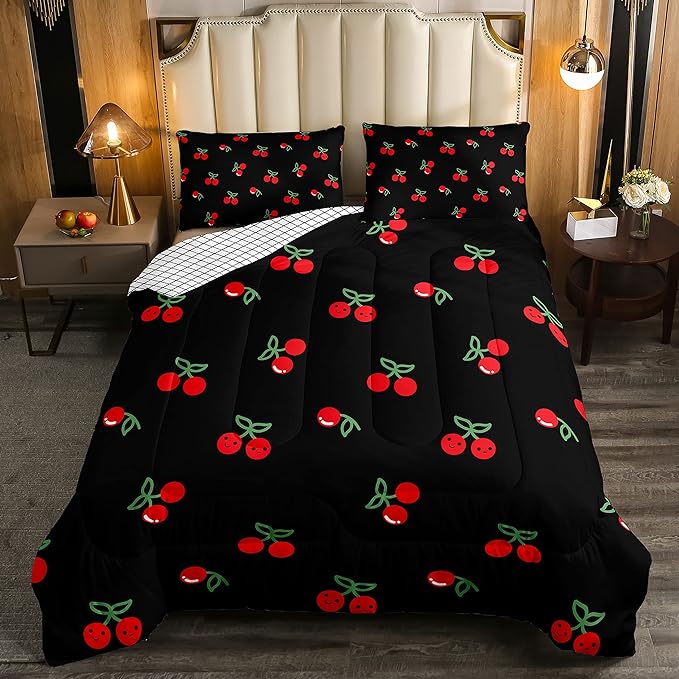 Red Cherry Comforter Set for Kids, Fruit Kawaii Bedding Set Queen, Cartoon Cute Cherry Duvet Sets for Boys Girls Women Bedroom Decor, Reversible Luxury Soft Down Comforter with 2 Pillow Cases, Black
