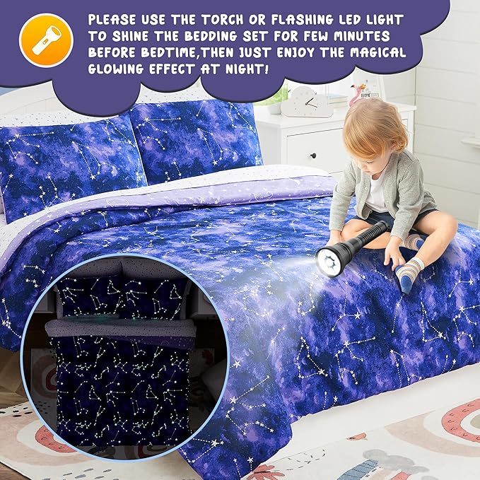 Comforter Set with Bedding - 5 Pieces Twin Bed in a Bag with Comforter, Sheets, Pillowcase & Sham - Glow in The Dark Galaxy