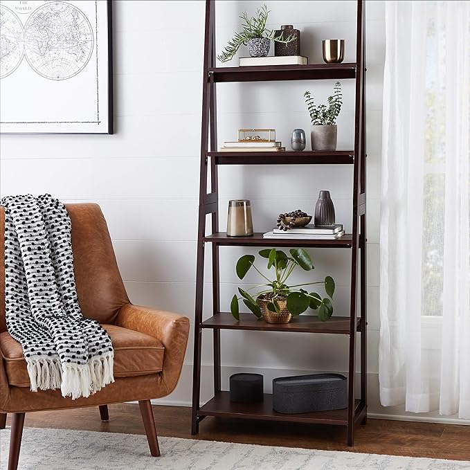 Amazon Basics Modern 5-Tier Ladder Bookshelf Organizer, Solid Rubberwood Frame, Espresso Finish, 14 D x 24.8 W x 70.1 H in