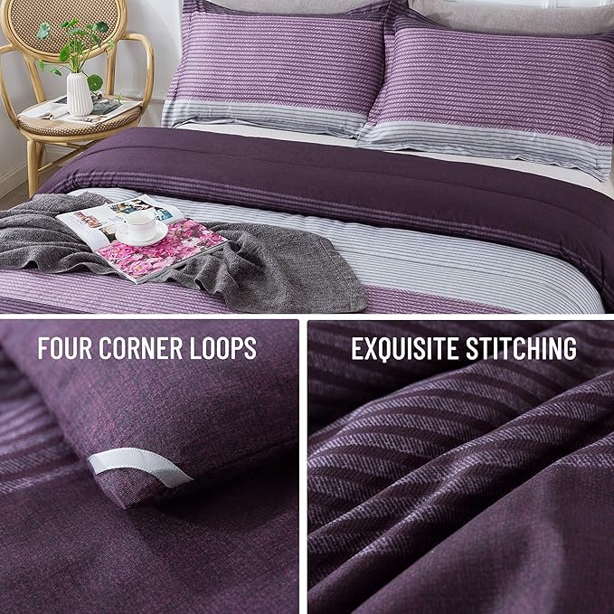 Andency Stripe Comforter Set Queen Size (90x90 Inch), 3 Pieces Purple and Gray Patchwork Striped Comforter, Soft Microfiber Down Alternative Comforter Bedding Set with Corner Loops
