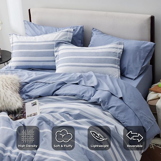 Bedsure Bed in a Bag Queen 7 Pieces - Blue Striped Comforter Set Queen All Season Bed Set, Bed Set Queen Size with 1 Comforter, 1 Flat Sheet, 1 Fitted Sheet, 2 Pillowcases & 2 Shams