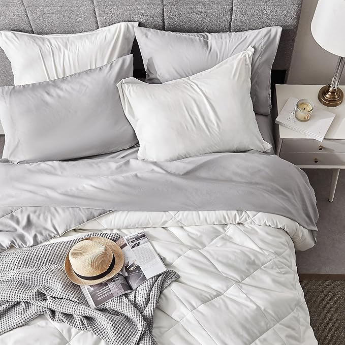 Bedsure Ivory California King Size Comforter Set - 7 Pieces Reversible California King Bed in a Bag, California King Ivory and Grey Bed Set with Comforters, Sheets, Pillowcases & Shams