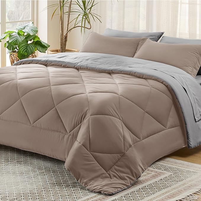 Bedsure Taupe Full Size Comforter Set - 7 Pieces Reversible Full Bed in a Bag Full Bed Set with Comforters, Sheets, Pillowcases & Shams, Full Bedding Sets