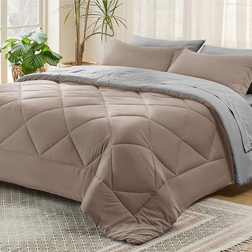 Bedsure Taupe King Size Comforter Set - 7 Pieces Reversible King Bed in a Bag King Bed Set with Comforters, Sheets, Pillowcases & Shams, King Bedding Sets