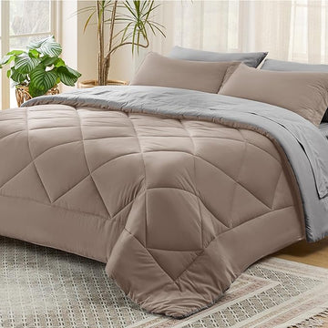 Bedsure Taupe California King Size Comforter Set - 7 Pieces Reversible California King Bed in a Bag King Bed Set with Comforters, Sheets, Pillowcases & Shams, California King Bedding Sets