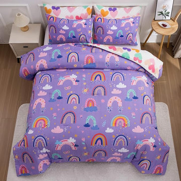 Btargot Lightweight Soft 3 Piece Rainbow Comforter Set with 2 Pillow Covers, Cartoon Love Hearts Flowers and Sun Star Bedding Set for Girls Boys Kids, Twin Dark Purple