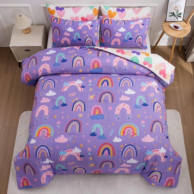 Btargot Lightweight Soft 3 Piece Rainbow Comforter Set with 2 Pillow Covers, Cartoon Love Hearts Flowers and Sun Star Bedding Set for Girls Boys Kids, Twin Dark Purple