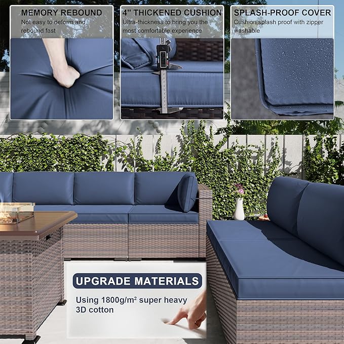 Kullavik 10 Pieces Outdoor Patio Furniture Set with 43" Gas Propane Fire Pit Table PE Wicker Rattan Sectional Sofa Patio Conversation Sets,Navy Blue