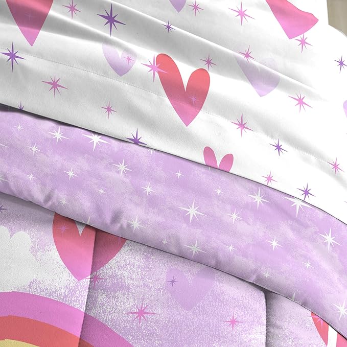 dream FACTORY Kids 7-Piece Complete Set Easy-Wash Super Soft Microfiber Comforter Bedding, Full, Purple Unicorn Rainbow