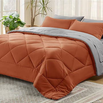Bedsure Burnt Orange Queen Comforter Set - 7 Pieces Reversible Queen Bed in a Bag Queen Bed Set with Comforters, Sheets, Pillowcases & Shams, Queen Bedding Sets