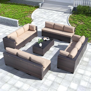 Kullavik 14PCS Outdoor Patio Furniture Set PE Wicker Rattan Sectional Sofa Patio Conversation Sets,Sand