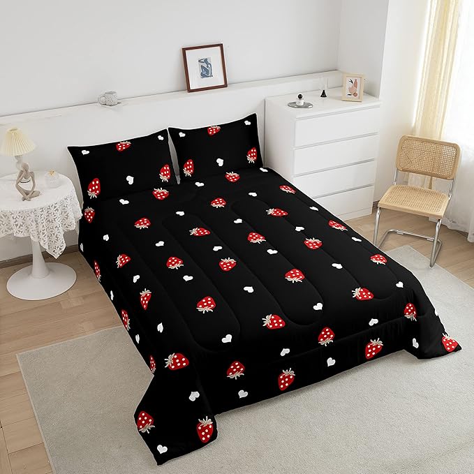 Kawaii Bedding Strawberry Comforter Set Twin Size Strawberry Decor Down Comforter Red Strawberry Bedding Set Cute Fruits Theme Sweet Strawberry Quilt Set Soft Reversible With 1 Pillowcase, Red Black
