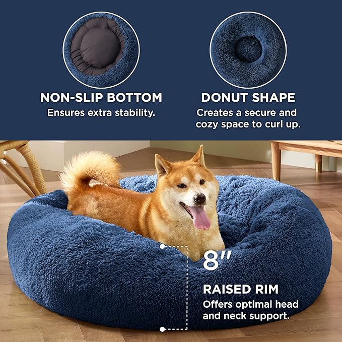 Bedsure Calming Dog Bed for Medium Dogs - Donut Washable Medium Pet Bed, 30 inches Anti-Slip Round Fluffy Plush Faux Fur Cat Bed, Fits up to 45 lbs Pets, Navy