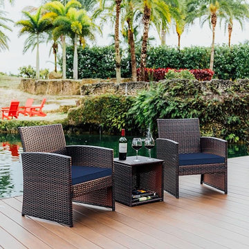 Nestl Wicker Outdoor Furniture Set - 3 Piece Patio Bistro Set (Brown/Navy)