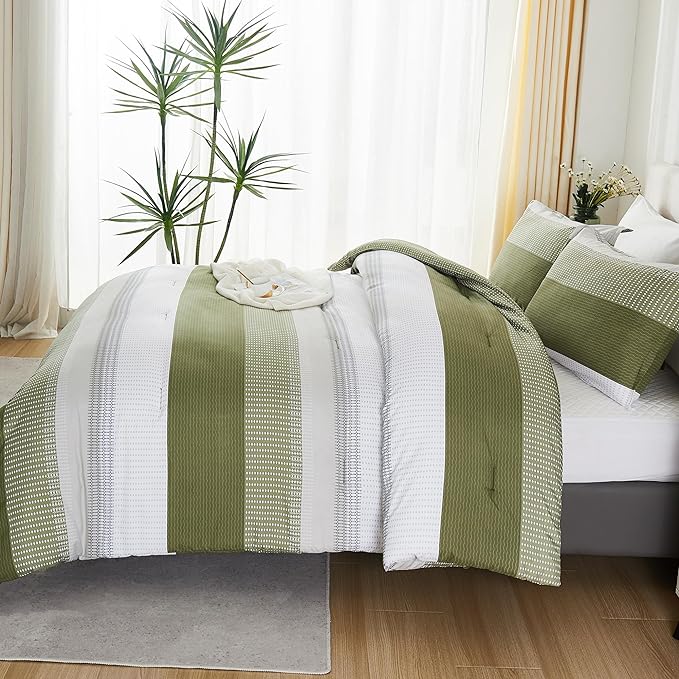 Litanika Olive Green Comforter Set King - 3 Pieces Lightweight Olive Green White Colorblock Stripe Fluffy Bedding Comforter Sets, All Season Bed Set