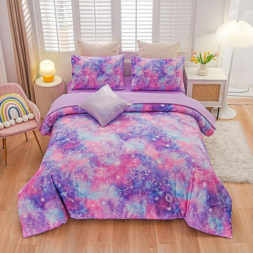 Btargot Lightweight Microfiber 6 Piece Comforter Set, Tie Dye Galaxy Constellation Pattern Bedding Set for Boys Girls Teen, Queen Purple