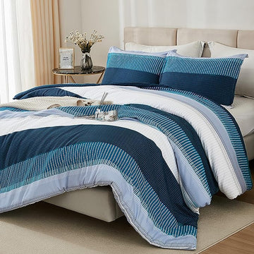 Litanika Navy Blue Comforter King Size Set, 3 Pieces Bedding Set, Blue White Colorblock Stripe (104x90In Comforter & 2 Pillowcases)