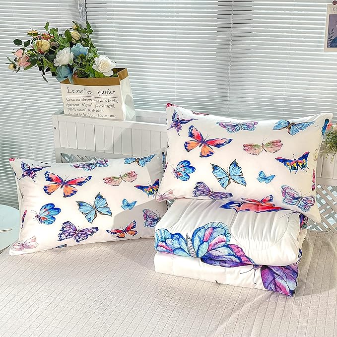 CVHOUSE Bedding Set, Full Size, Butterfly Design for Girls Kids Teens, 3Pcs Including Comforter and 2 Pillowcases
