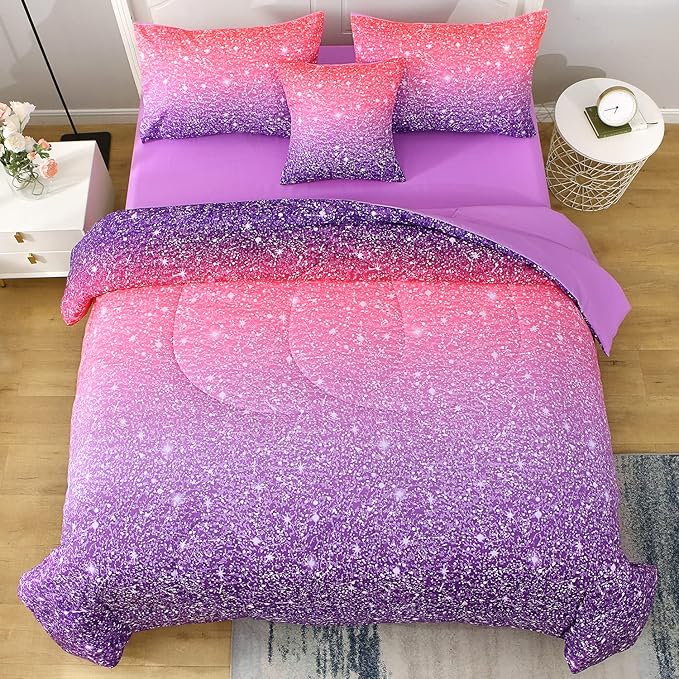 JQinHome Full Size Pink Purple Comforter Set, 6 Piece Bed in A Bag 3D Colorful Bedding Set for Girls Women