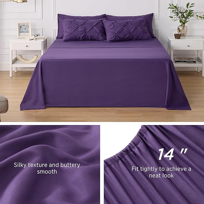 Bedsure King Size Comforter Set - Bedding Set King 7 Pieces, Pintuck Bed in a Bag Purple Bed Set with Comforter, Sheets, Pillowcases & Shams