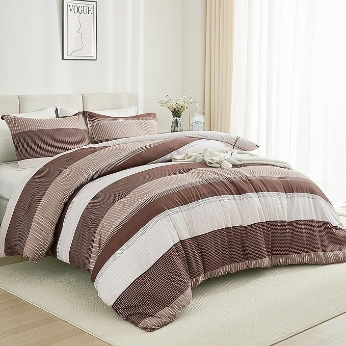Litanika Brown Comforter Set Twin/Twin XL - 2 Pieces Lightweight Brown White Colorblock Stripe Fluffy Bedding Comforter Sets, All Season Bed Set
