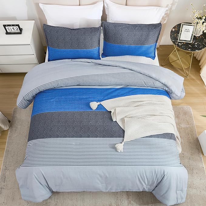 Litanika Blue Grey Bed Comforter Twin Set, XL Twin Comforter Boys Men Striped Bedding Comforter Set, 2 Pieces Lightweight Soft All Season Down Alternative Comforter