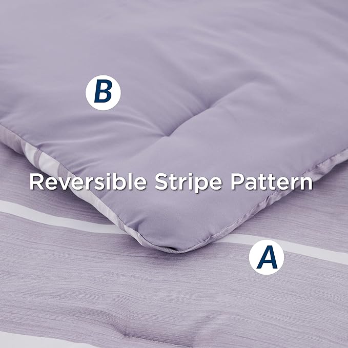 Bedsure Bed in a Bag Twin Size 5 Pieces, Purple White Striped Bedding Comforter Sets All Season Bed Set with 1 Pillow Sham, Flat Sheet, Fitted Sheet and 1 Pillowcase