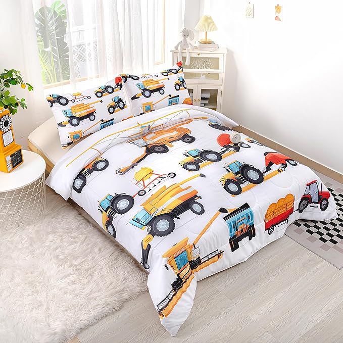 CVHOUSE Tractor Bedding Sets for Boys,Excavators Comforter Twin,Boys Cartoon Truck Comforter Set,Trucks Tractors Cars Quilt Set with 1 Comforter and 2 Pillow Cases- 3 Piece