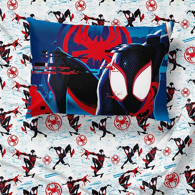 Marvel Spiderman Across The Spider-Verse Glitch 7 Piece Queen Size Bed Set - includes Comforter & Sheet Set Bedding - Super Soft Fade Resistant Microfiber (Official Product)