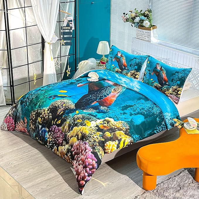 CVHOUSE Sea Turtle Bedding Set,Sea Turtle Comforter Full,Ocean Beach Comforter Set for Boys Kids Girls,Ocean Quilt Set with 1 Comforter and 2 Pillow Cases