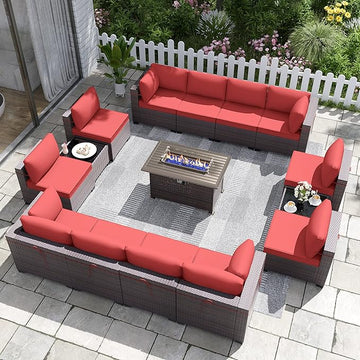 Patio Furniture Set with Fire Pit Table 15 PCS Outdoor Sectional Furniture Outdoor Rattan Patio Conversation Sets with 43in 55,000 BTU Propane Gas Fire Pit Table Glass Table, Red
