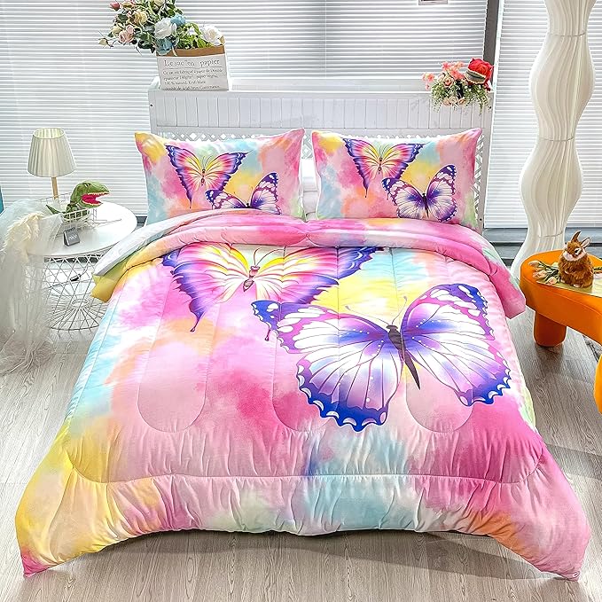 CVHOUSE Butterfly Bedding Set,Butterfly Comforter Queen,Butterfly Comforter Set for Girls Kids Teens,Butterflies Quilt Set with 1 Comforter and 2 Pillow Cases