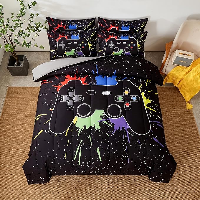 Gamer Comforter Sets Queen Size for Boys Teen,Game Controller Colorful Comforter with 2 Pillowcases, 3 Piece Video Gaming Bedding Set for Game Lovers,All Season(Black,Queen)